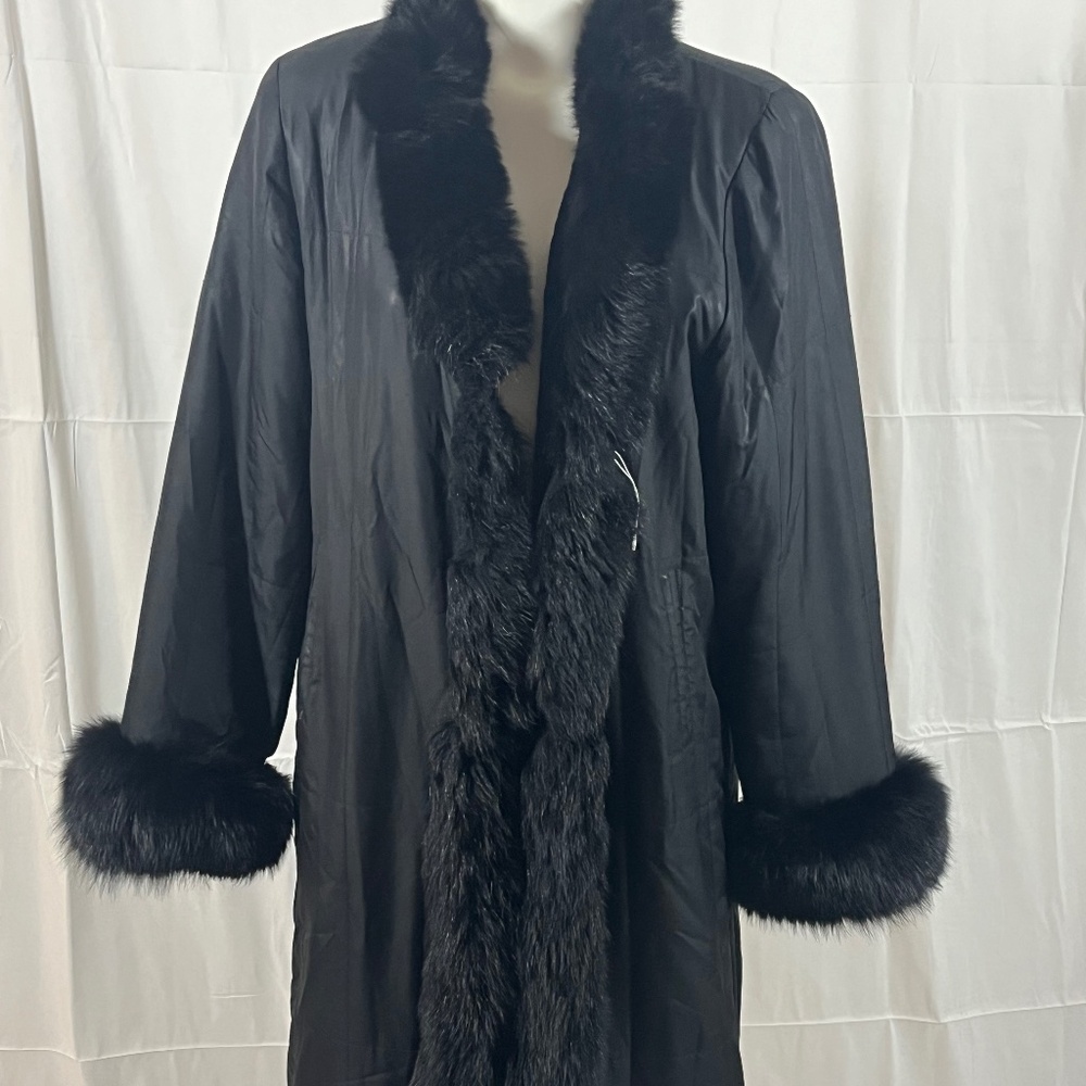 Black Rabbit Trimmed Fur Coat